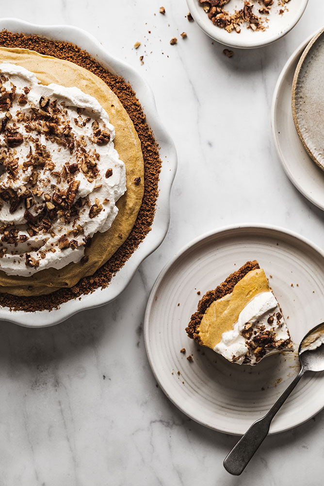 Bella Karragiannidis photo of a pumpkin mousse pie and piece on a plate