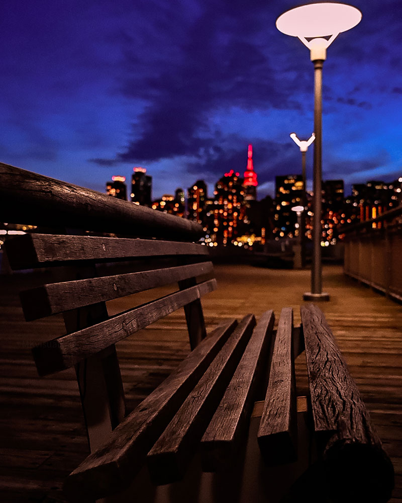 Manny Khan photo of a park bench at night with the NYC skyline in the background