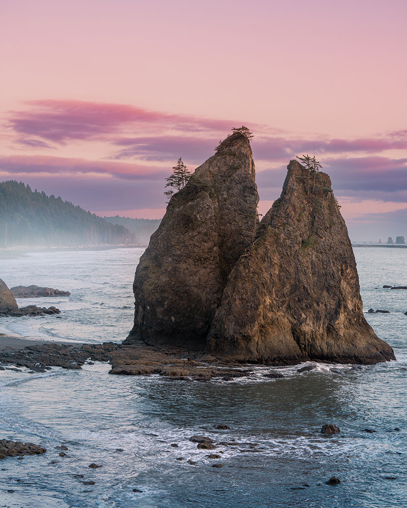 Brittany Kunkel photo of sea stacks in the ocean, with fog and a pink sky
