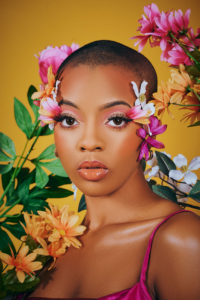 Troy with the camera (Troy Sawyer) portrait of a model with flowers around her face